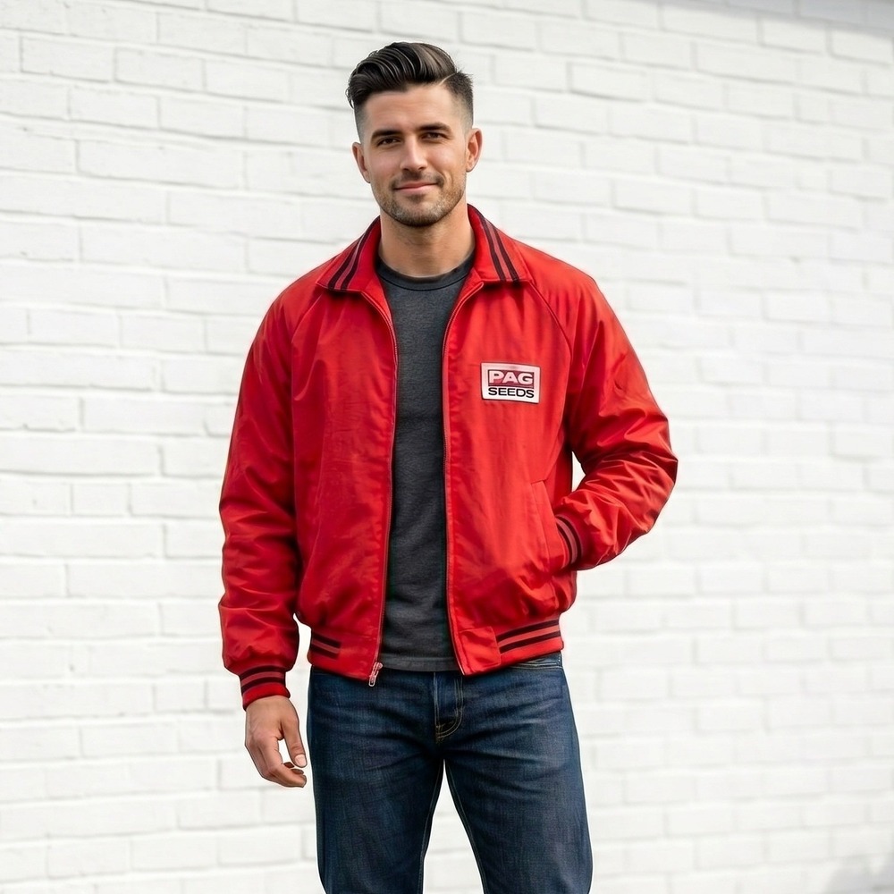 PAG Seeds‎ Vintage Bomber Jacket Red Farm Agricultural Promo Windbreaker Mens L